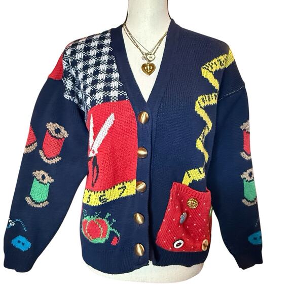 VTG Sweater Loft Women’s Knit Cardigan Sweater Sewing Seamstress Patchwork Small - Picture 6 of 16